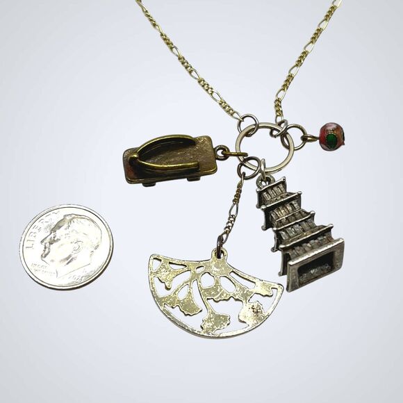VTG Charm Necklace Asian Theme Mixed Metal Pagoda Geta Sandal Fan Cloisonne Bead - Picture 4 of 9